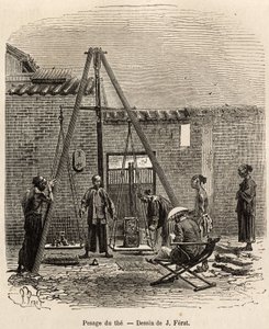 A tea mérése a kereskedelmi piacokon való expedíció előtt a Fati-öbölben (Kanton tartomány) egy lőporgyárban, J.Ferat 1870-1872-es kínai utazást illusztráló rajza nyomán metszett, J. Thompson, 1870-1872-ben, megjelent a „ Le tour du monde” 18 alkotó: Jules (after) Ferat