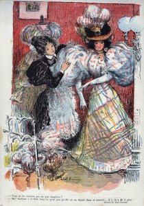 Nem gondolod, hogy egy kicsit eltúlzottak? Abel Faivre (1867-1945) humoros rajza. „A nevetés”, n. 45 1895. - Egy nő új ruhát próbál ki, két nagy ujjú. Tanácsot kér az öltözötttől.