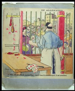 "Nem, ma nincs hús... de olvasd el a közleményt, ez kiváló", karikatúra a németországi éhínségről, 1917 körül