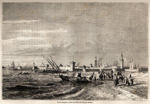 Essaouira (korábban Mogador) képe, Jules Noel (1810-1881) rajza Mr.F. illusztrálására. Schickler 1860-as marokkói utazása. Metszet a „” Le tour du monde, nouveau Journal des voyages”” című könyvben, Paris
