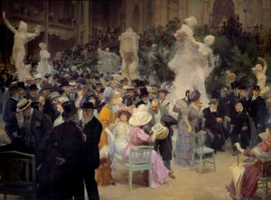 Belle epoque: „Péntek a Salon des artistes français-ban”” A párizsi burzsoázia tagjai társasági események alkalmával találkoznak. Részlet. Jules Alexandre Grun (1868-1934) festménye 1911 V. 3,6x6,16 m Rouen, Musee des Beaux Arts
