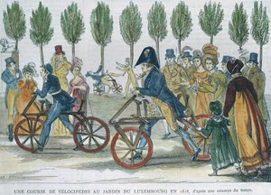 Velocipéd verseny a Jardin du Luxembourgban 1818-ban egy korabeli metszet után, amelyet P. Comte metszett (19. század) (színes metszet) alkotó: Jules Antoine Duvaux