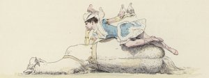 Cirkuszművész, lovon fekve, galambokkal a karján és a fején (színes litó) alkotó: Jules Arsene (after) Garnier