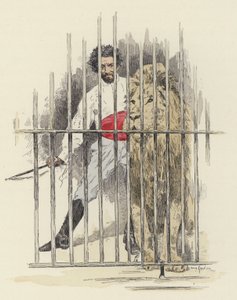 Oroszlán és oroszlánszelídítő egy ketrecben (színes litho)