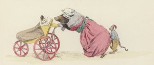 Kutyát toló disznó babakocsiban, mögötte majom (színes litho)