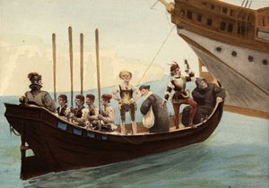 Hajó a Papimania-sziget kikötőjében. Jobbról balra: egy szerzetes, egy sólyomász, egy ügyvéd, egy orleans-i borász. Pantagruel. Jules Garnier illusztrációja. In "Rabelais et l