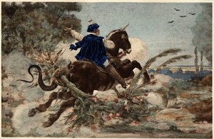 Gargantua a kancáján a Beauce-erdőt pusztítja. Gargantua. Jules Garnier illusztrációja. In "Rabelais et l