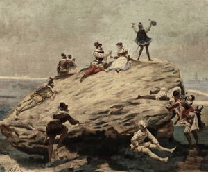 Iskolások szórakoznak a felemelt kövön: egy szikla, amelyet Pantagruel négy oszlopra állított egy mezőn. Pantagruel. Jules Garnier illusztrációja. In "Rabelais et l