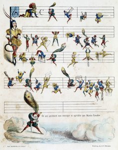 Zenei hangjegyek kottán, Baric 1862-ből származó rajza Kroknotski Martin Landor történetét mesélő gyermekkönyvének illusztrálására. alkotó: Jules Baric