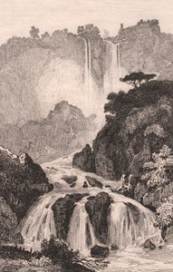Kilátás a Marmore-vízesésre (Cascata delle Marmore) Terni közelében, Umbria, Olaszország, acélmetszet Jules Coignet (1798-1860) rajza alapján, kb 14x20 cm