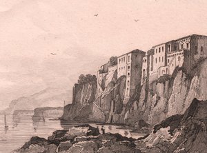 Sorrento kilátása Torquato Tasso házával, Campania, Olaszország, Sauvage acélmetszet Jules Coignet (1798-1860) rajza alapján, kb 13x10 cm