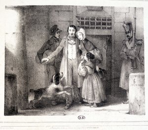A férfi elhagyja a börtönt és újra egyesül családjával, c. 1830. alkotó: Jules David