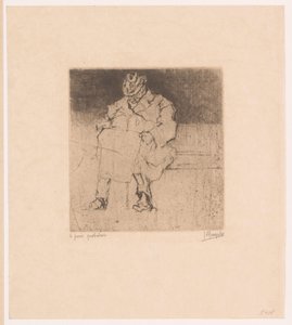 Idős úriember sétabottal ül egy padon Le pain quotidien (cím a tárgyon) alkotó: Jules De Bruycker (signed by artist)