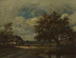 A házikó az út mellett, viharos égbolt alkotó: Jules Dupré