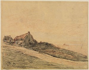 Parti táj Cayeux közelében két kunyhóval alkotó: Jules Dupré