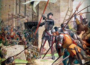 Százéves háború: Jeanne of Arc páncélban Orleans előtt. Jules Eugene Lenepveu (1819-1898) festményének részlete