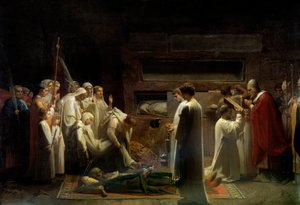 A mártírok a katakombákban. Keresztény gyülekezet az első keresztények temetésén Rómában. Jules Lenepveu (1819-1898) festménye 1855 V. 1,7x3,36 m Párizs, Muse d