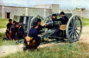 Francia katonák aknavetővel akcióban a Marne-i csatában, Párizstól keletre, 1914 szeptemberében (autokróm) alkotó: Jules Gervais Courtellemont