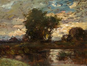 Esti égbolt, álló víz felett alkotó: Jules Louis Dupré