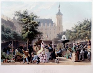 Kilátás a Quai aux Fleurs-re Párizsban Séta az Ile de la Cite-n. Jules Marie Desandre (1845-?) litográfiája, 19. századi Párizs, Musee Carnavalet alkotó: Jules Marie Desandre