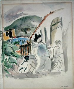 Nő és két gyerek (akvarell papíron) alkotó: Jules Pascin