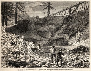 Jules Pelcoq rajza egy kaliforniai bányászat vagy műhely, de Wogan báró 1850-1852-es kaliforniai utazásának történetét illusztrálja. Metszet a „” Le tour du monde, nouveau Journal des voyages”” Párizsban
