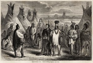 A kanadai crees indiánok típusai, Pelcoq rajza John Palliser kapitány 1857–59-es Sziklás-hegység felfedezésének illusztrálására. Metszet a „” Le tour du monde, nouveau Journal des voyages”” Párizsban