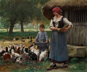 Tanyasi lány etető csirkéket (olaj, vászon) alkotó: Julien Dupre