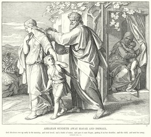 Ábrahám elküldi Hágárt és Izmaelt (metszet) alkotó: Julius (after) Schnorr von Carolsfeld