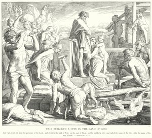 Káin várost épít Nod földjén (metszet) alkotó: Julius (after) Schnorr von Carolsfeld