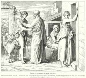 Jákob szövetsége Ráhelnek (metszet) alkotó: Julius (after) Schnorr von Carolsfeld