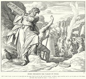 Mózes összetöri a kőtáblákat (metszet) alkotó: Julius (after) Schnorr von Carolsfeld