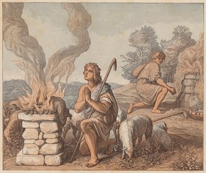 Káin és Ábel áldozatai, Genezis, IV, 3, 4 (színes metszet) alkotó: Julius (after) Schnorr von Carolsfeld