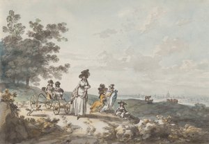 London kilátása a távoli Szent Pállal: Nő és gyerekek babakocsival, 1787. alkotó: Julius Caesar Ibbetson