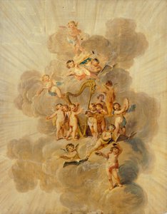 Szárnyas kerubok hangszerekkel, a Music Room dekoratív szegélye, Kenwood House, London (tapéta) alkotó: Julius Caesar Ibbetson