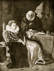 Erzsébet aláírja Mary halálos ítéletét, illusztráció a „Hutchinson története a brit nemzetről”, 1923 körül alkotó: Julius Friedrich Anton Schrader