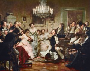 Franz Schubert (1797-1828) zongoránál egy Schubert-est során egy bécsi szalonban - metszet Julius Schmid (1854-1935) után