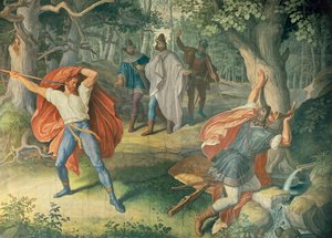 Hagen megöli Siegfriedet a szökőkútnál, a Nibelungok Csarnokában