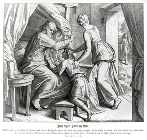 Izsák megáldja Jákóbot Ézsau helyén, a Genezisben alkotó: Julius Schnorr von Carolsfeld