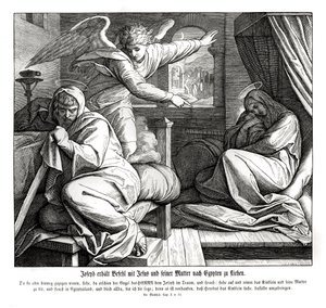 József figyelmeztetést kap, hogy meneküljön Egyiptomba, Máté evangéliuma alkotó: Julius Schnorr von Carolsfeld