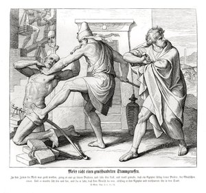 Mózes megbosszulja testvéreivel, Exodusszal szembeni rossz bánásmódot alkotó: Julius Schnorr von Carolsfeld