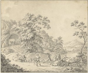Táj egy csónakkal, amelyben egy pásztor a nyájával alkotó: Jurriaan Andriessen (attributed to)