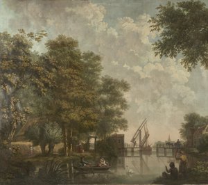 Három falvédő, holland tájjal Tapéta festmény egy holland tájról nyitott híddal Három tapéta festmény egy holland tájról alkotó: Jurriaan Andriessen (attributed to)