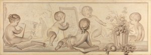 Hat putti virágokkal és gyümölccsel, valamint a rajzművészet attribútumaival alkotó: Jurriaan Andriessen (signed by artist)