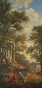 Árkádiai táj bal oldalon egy templommal és egy ülő öregemberrel az előtérben alkotó: Jurriaan Andriessen