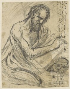 H. Hieronymus, egy könyvben ír, amint egy koponya fölött tart alkotó: Jusepe de Ribera