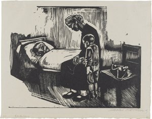 Látogatás a kórházban (4. lap innen: Die Schaffenden, 7. évfolyam, 2. mappa) alkotó: Käthe Kollwitz