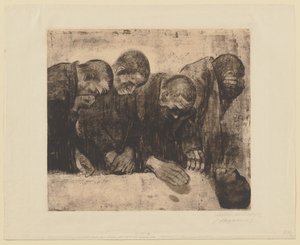 Az eredeti kompozíció jobb oldalán látható négy alak, „Emléklap Karl Liebknecht számára. Elvetett első változat“ alkotó: Käthe Kollwitz