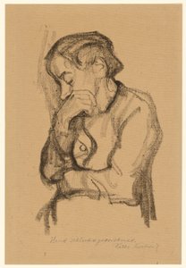 Félalakos női figura, aki jobb kezével eltakarja a száját alkotó: Käthe Kollwitz