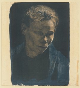 Kék vállkendős munkásnő félalakos portréja alkotó: Käthe Kollwitz